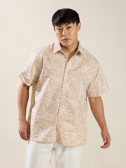Relaxed Fit Linen Shirt in Beige Floral Print