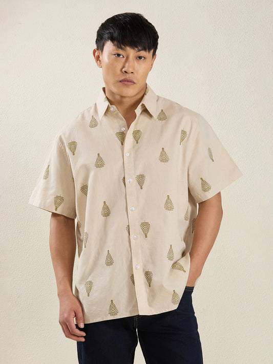Beige Leaf Print Pure Linen Half Sleeve Shirt for Men