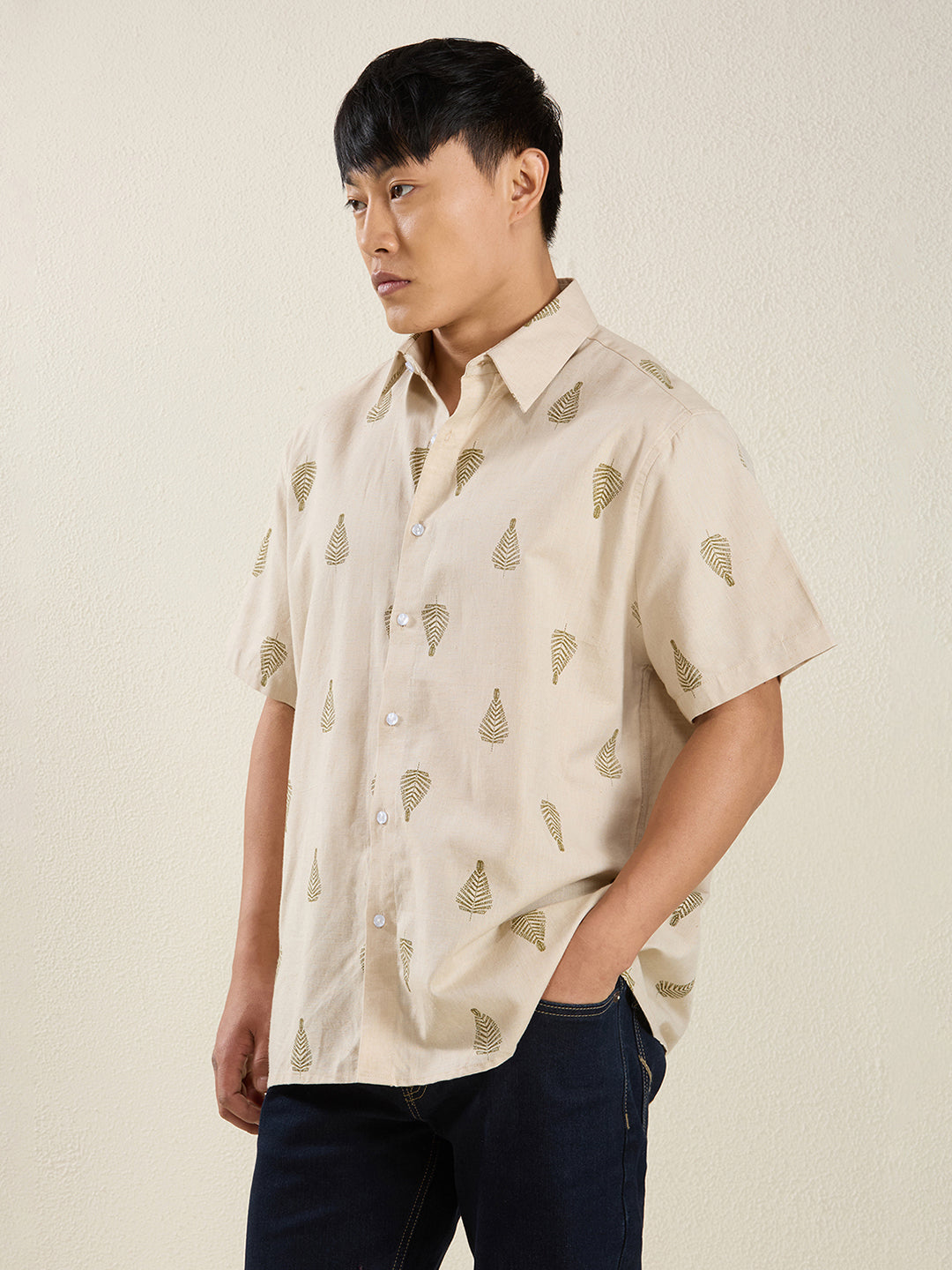 Beige Leaf Print Pure Linen Half Sleeve Shirt for Men
