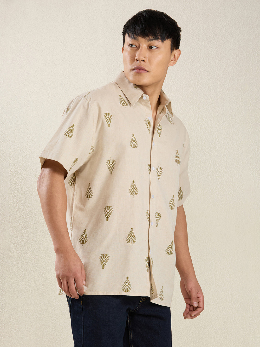 Beige Leaf Print Pure Linen Half Sleeve Shirt for Men