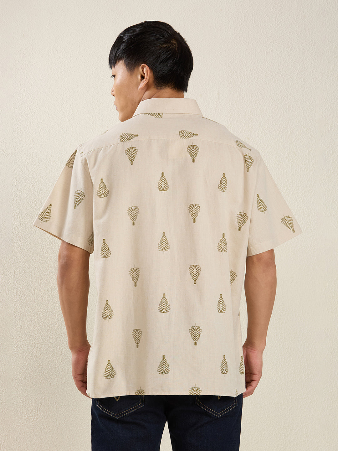 Beige Leaf Print Pure Linen Half Sleeve Shirt for Men