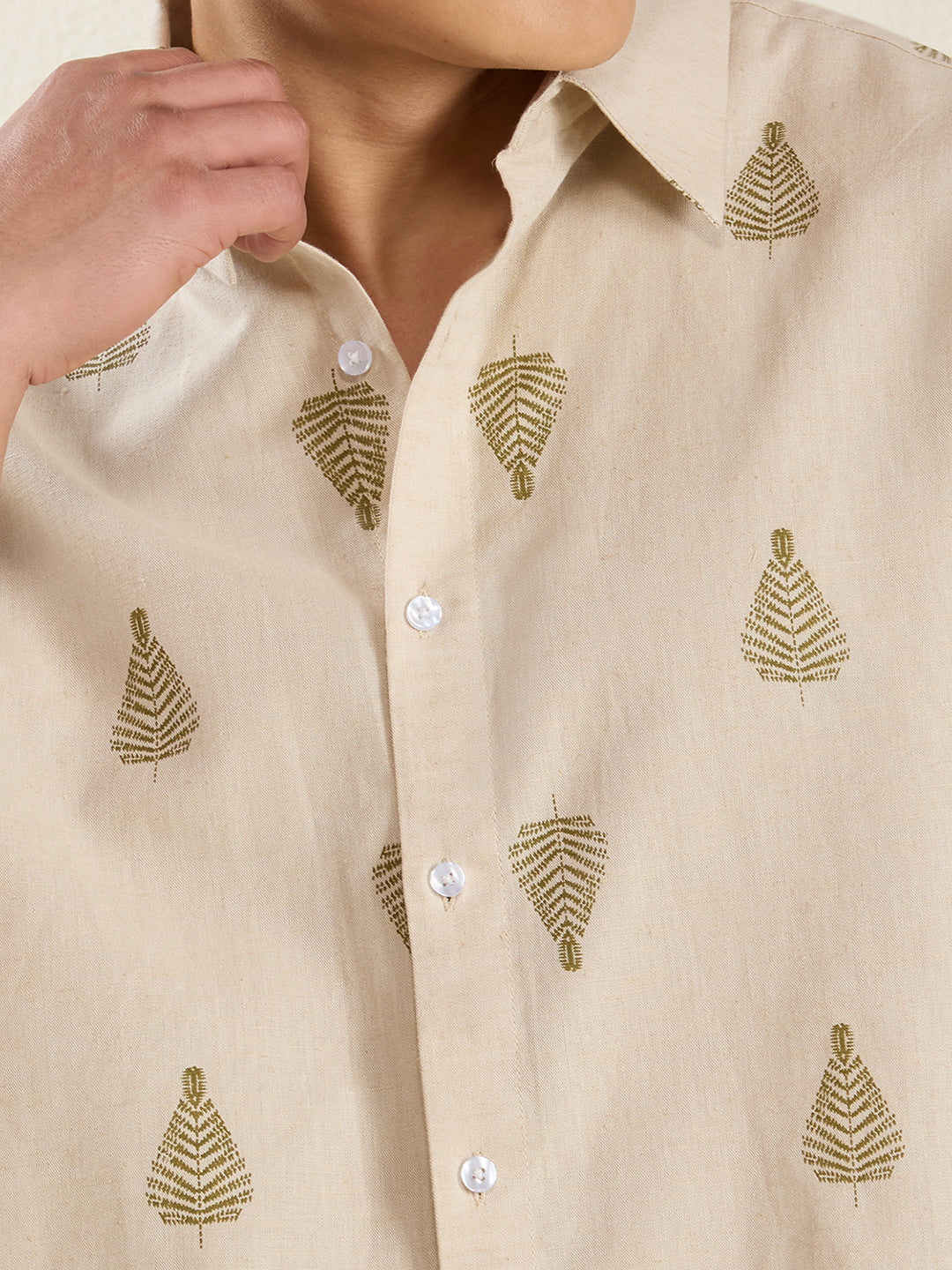 Beige Leaf Print Pure Linen Half Sleeve Shirt for Men