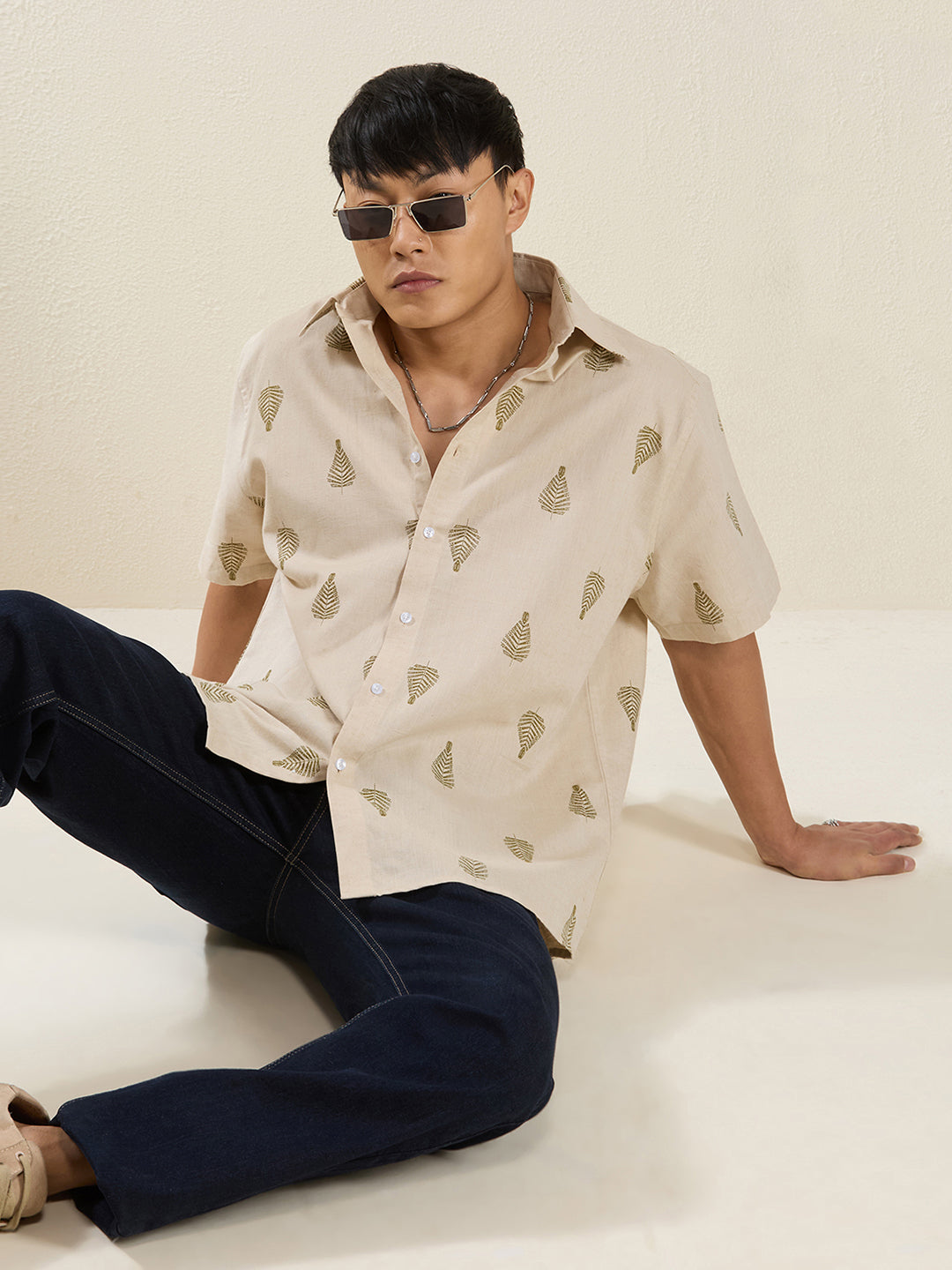Beige Leaf Print Pure Linen Half Sleeve Shirt for Men