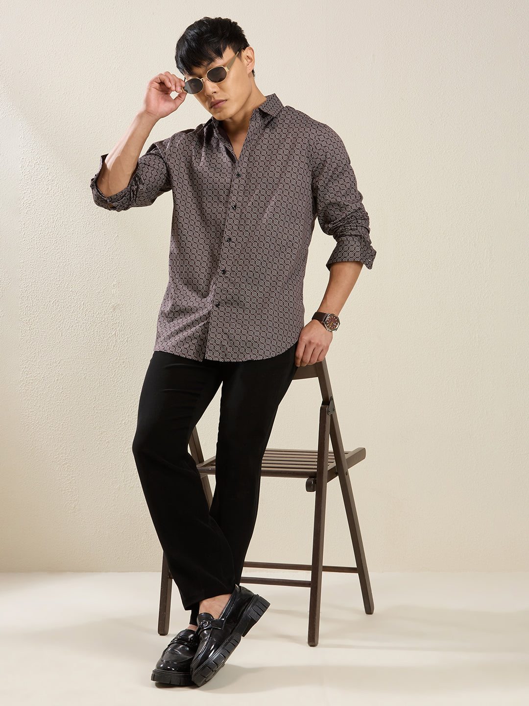 Men's Maroon Interlock Print Cotton Shirt