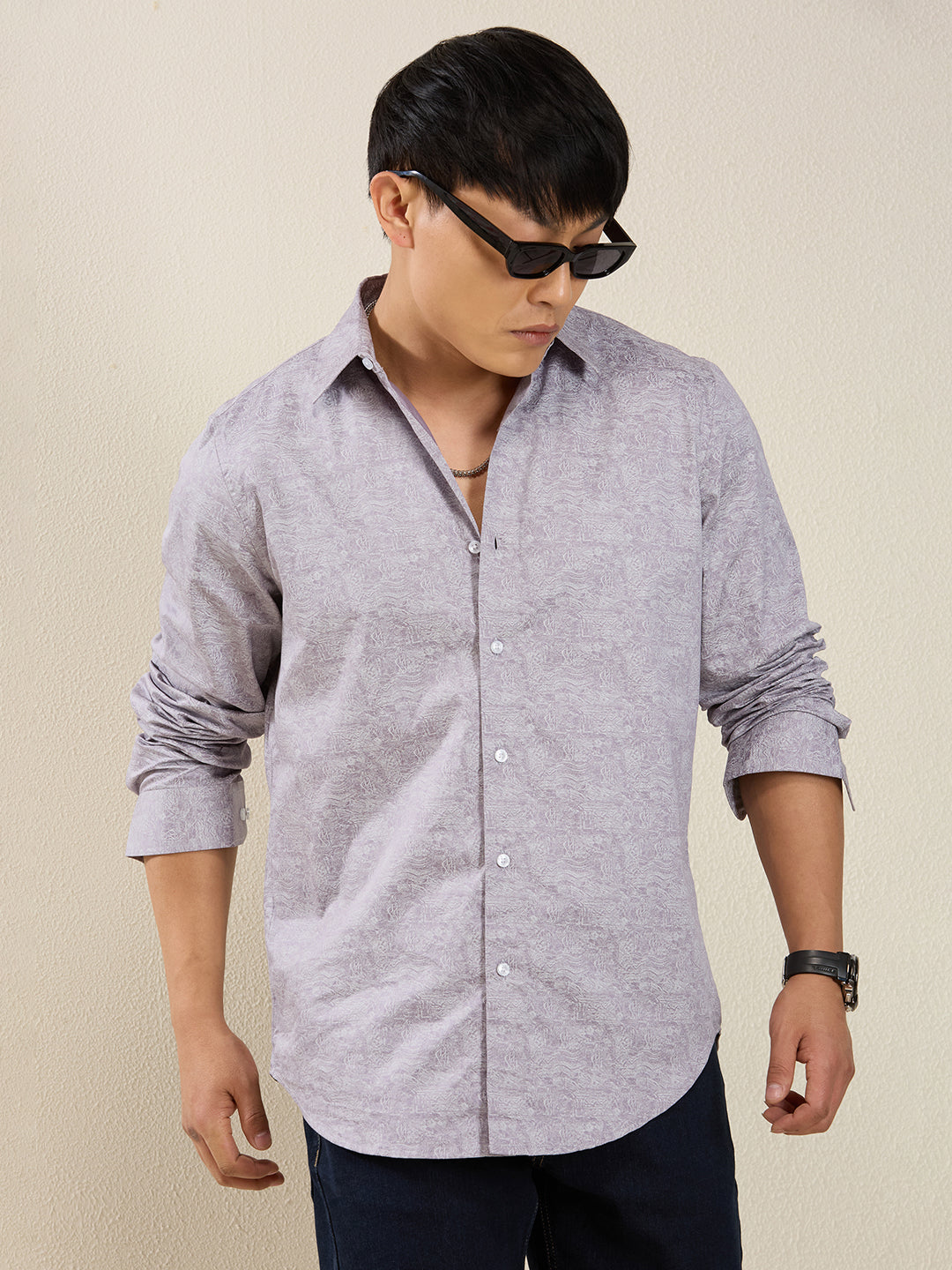 Men’s Lavender Textured Print Cotton Shirt