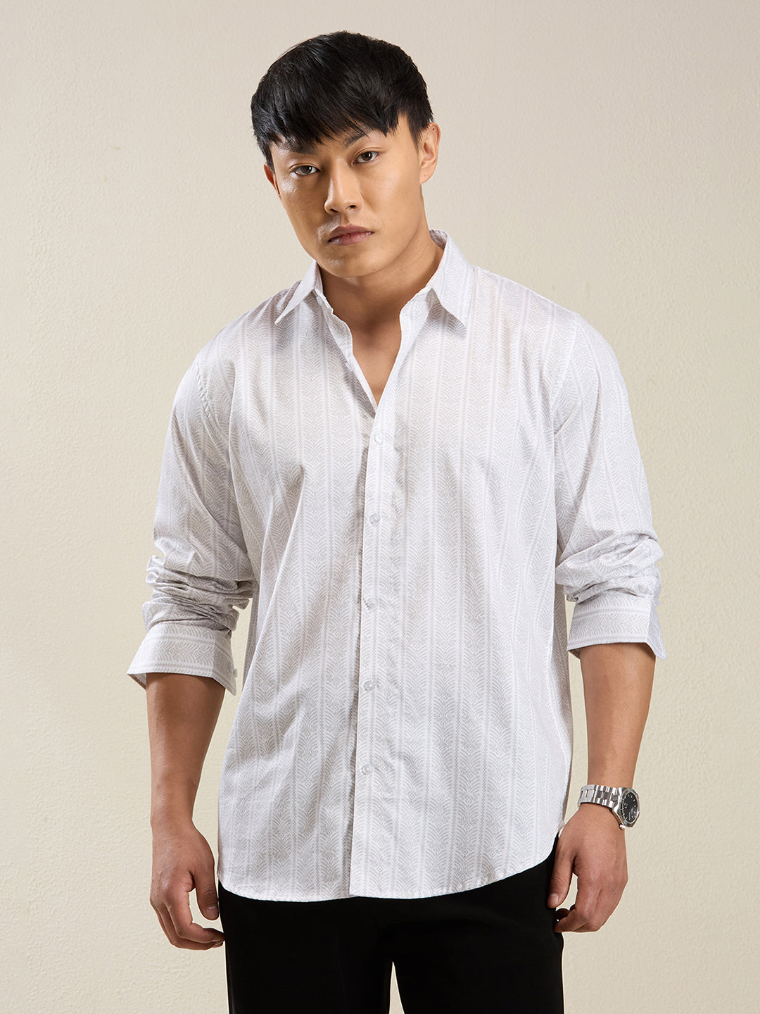 Men's Slim Fit White Cotton Casual Shirt
