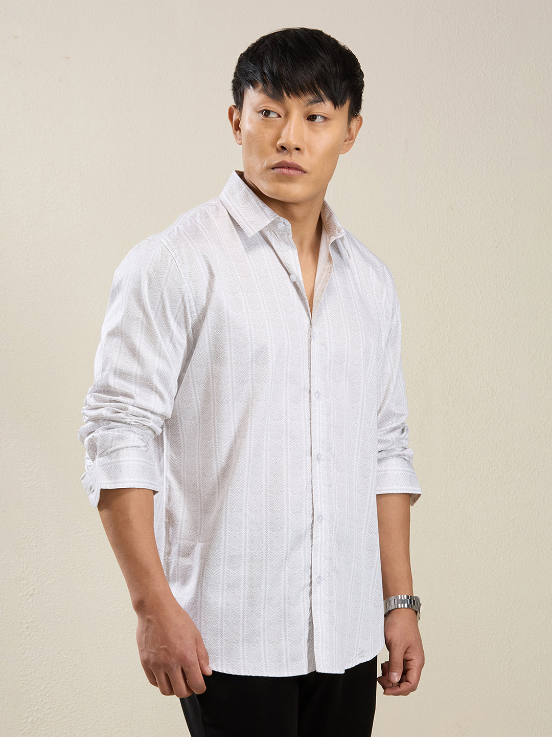 Men's Slim Fit White Cotton Casual Shirt