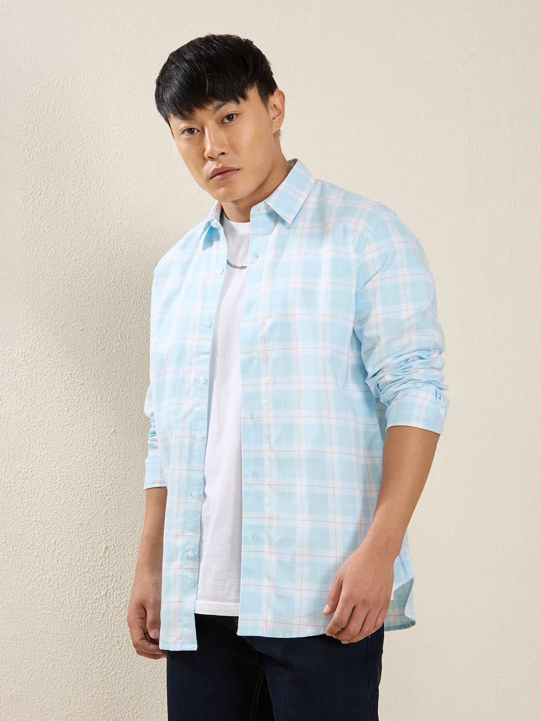 Men’s Sky Blue & White Checked Cotton Shirt