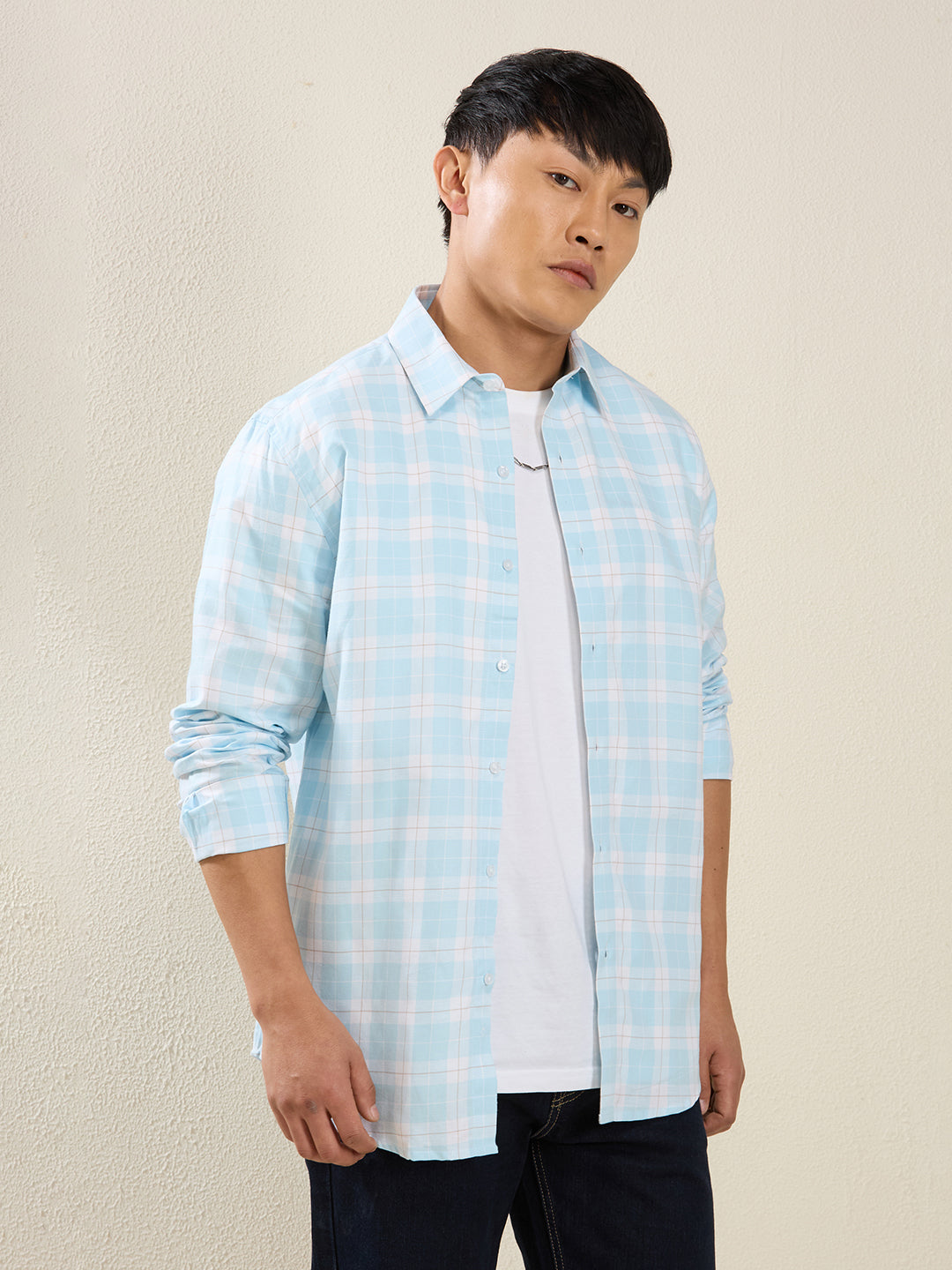 Men’s Sky Blue & White Checked Cotton Shirt