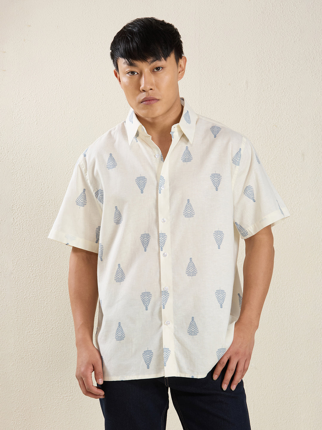 Off-White Blue Leaf Print Pure Linen Half Sleeve Shirt for Men