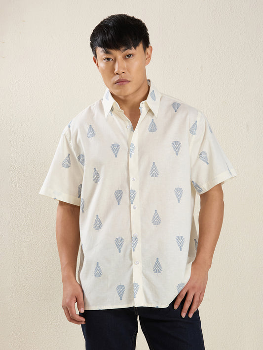 Off-White Blue Leaf Print Pure Linen Half Sleeve Shirt for Men