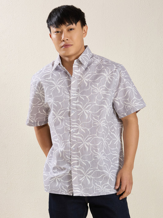 Relaxed Fit Linen Shirt in Grey Floral Print