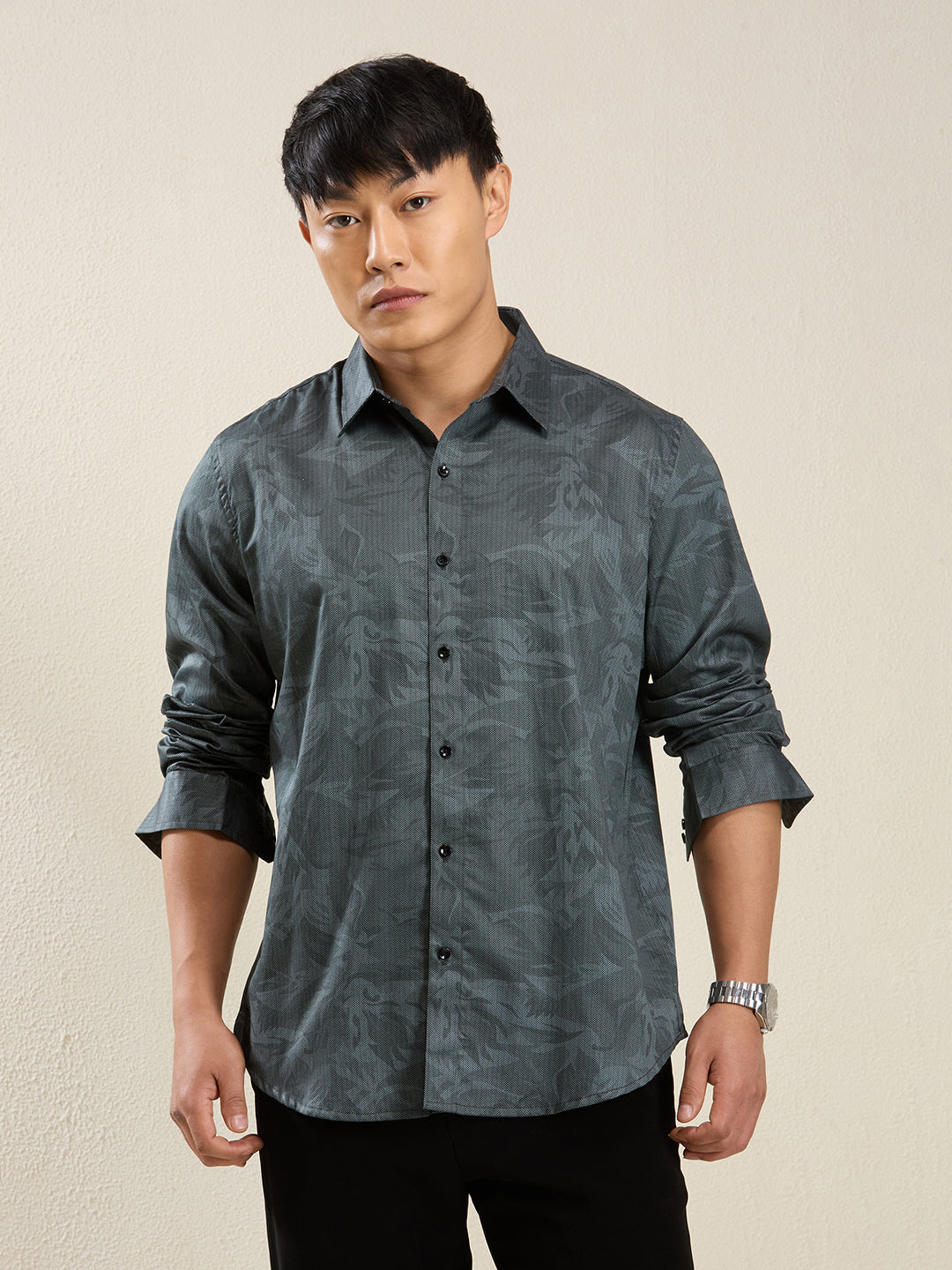 Men's Slim Fit Dark Teal Printed Cotton Casual Shirt