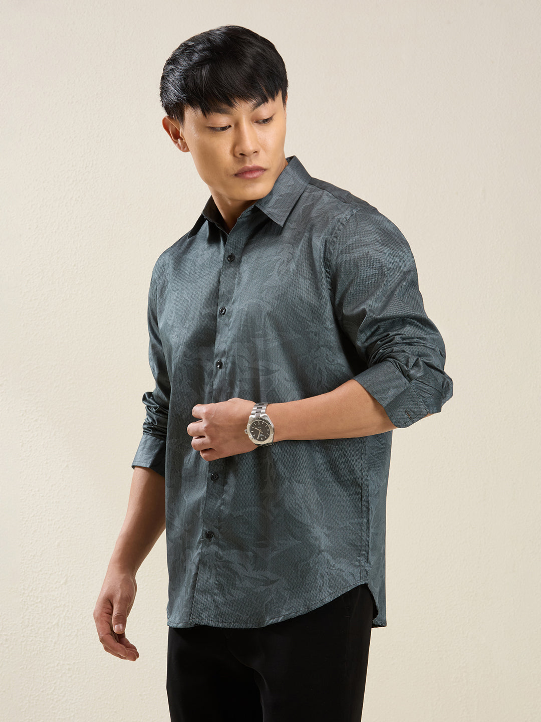 Men's Slim Fit Dark Teal Printed Cotton Casual Shirt
