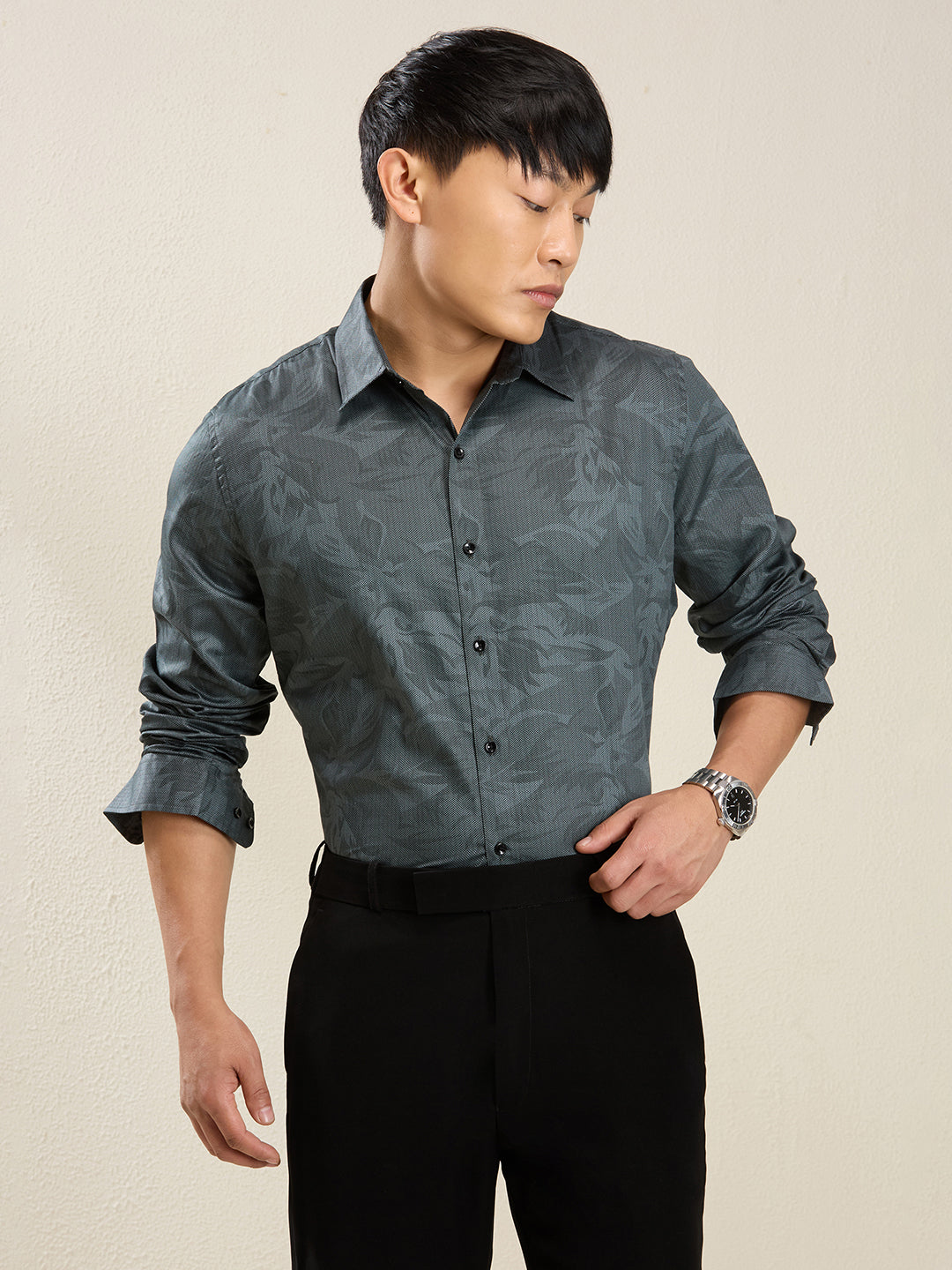 Men's Slim Fit Dark Teal Printed Cotton Casual Shirt