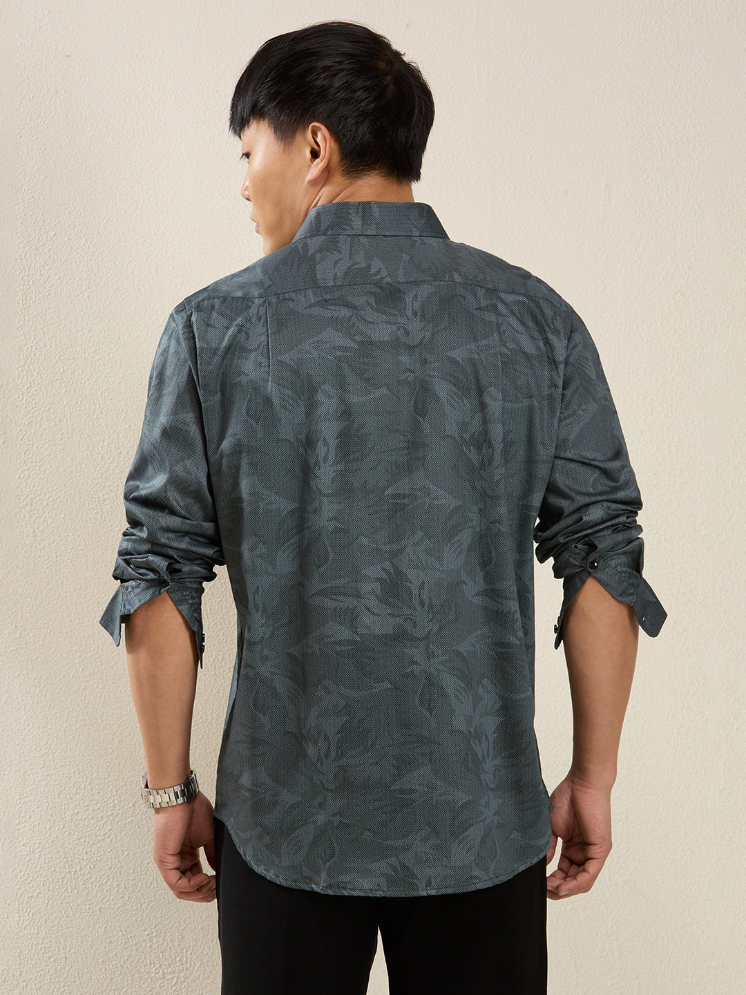 Men's Slim Fit Dark Teal Printed Cotton Casual Shirt