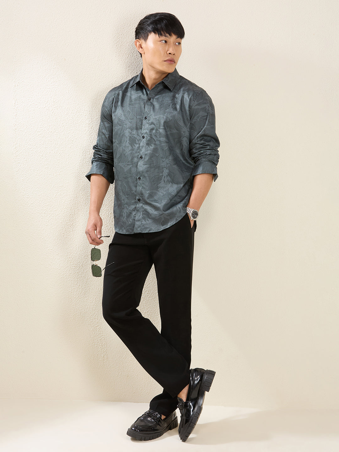 Men's Slim Fit Dark Teal Printed Cotton Casual Shirt