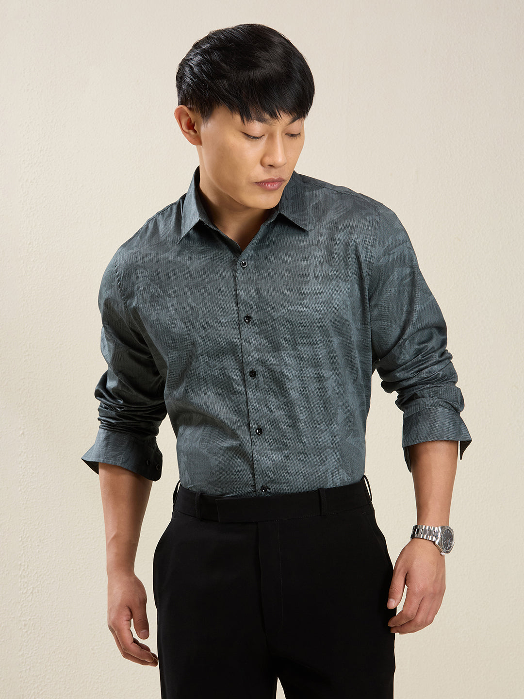 Men's Slim Fit Dark Teal Printed Cotton Casual Shirt
