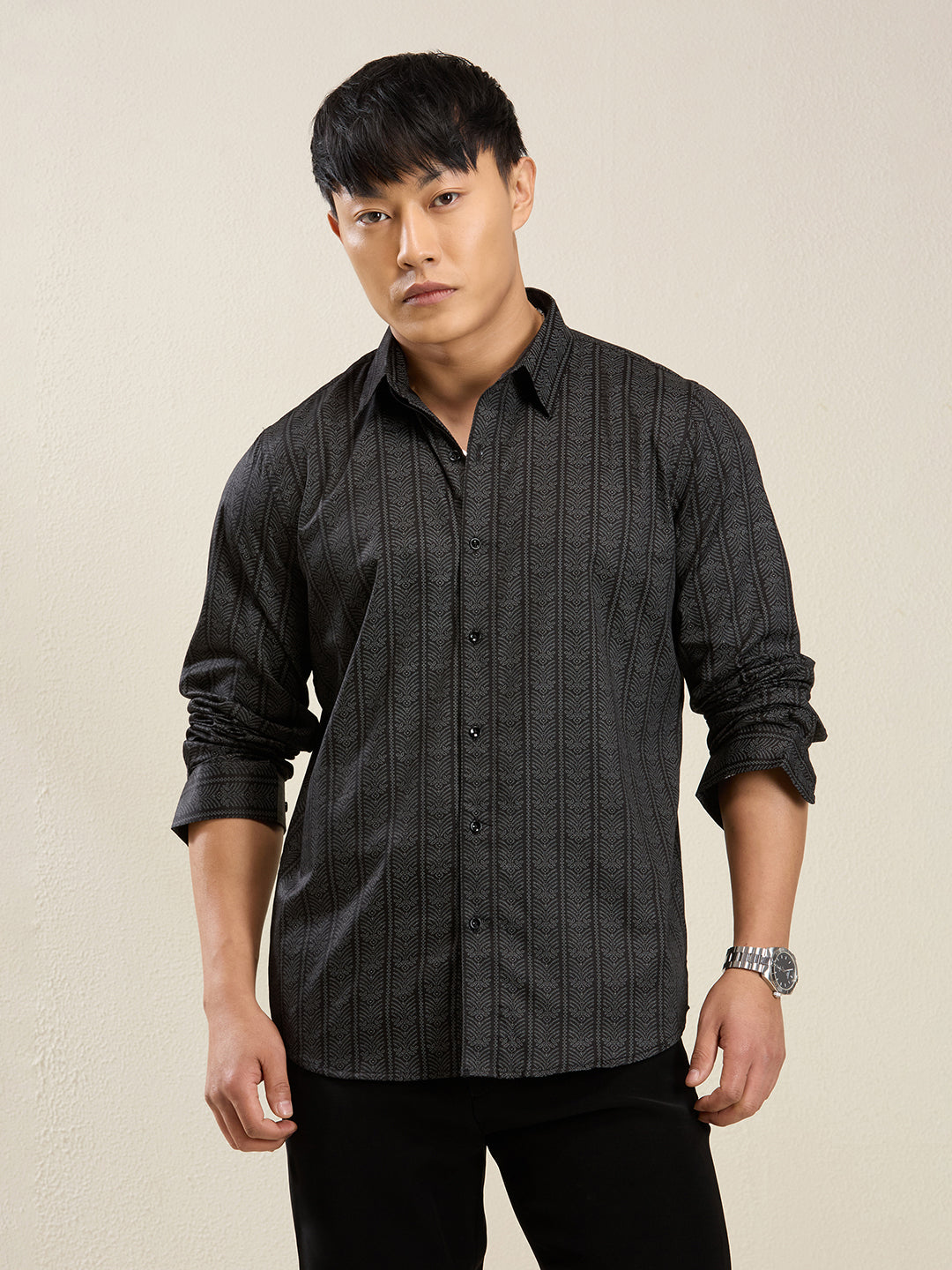 Men's Slim Fit Black Cotton Casual Shirt