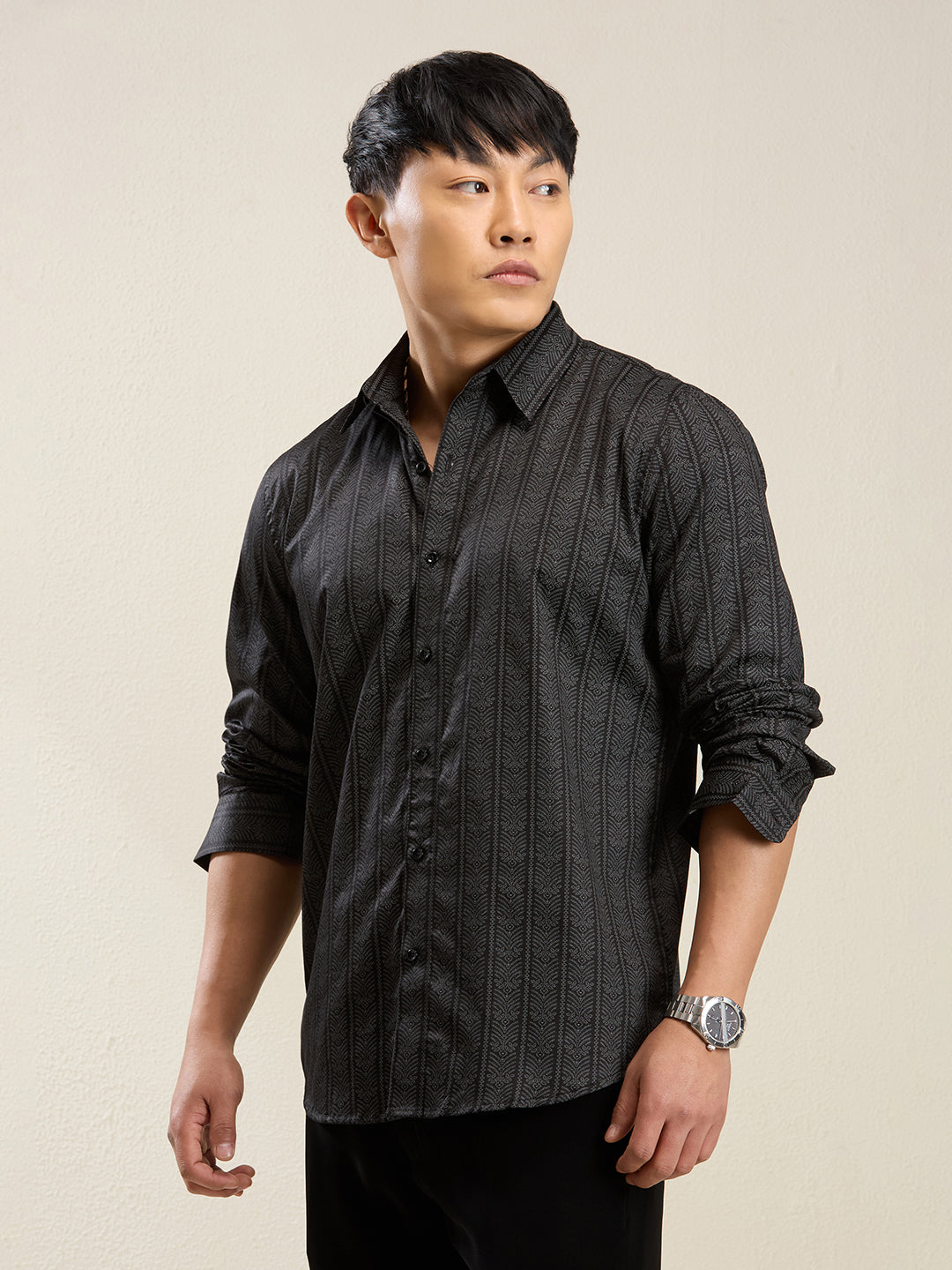 Men's Slim Fit Black Cotton Casual Shirt