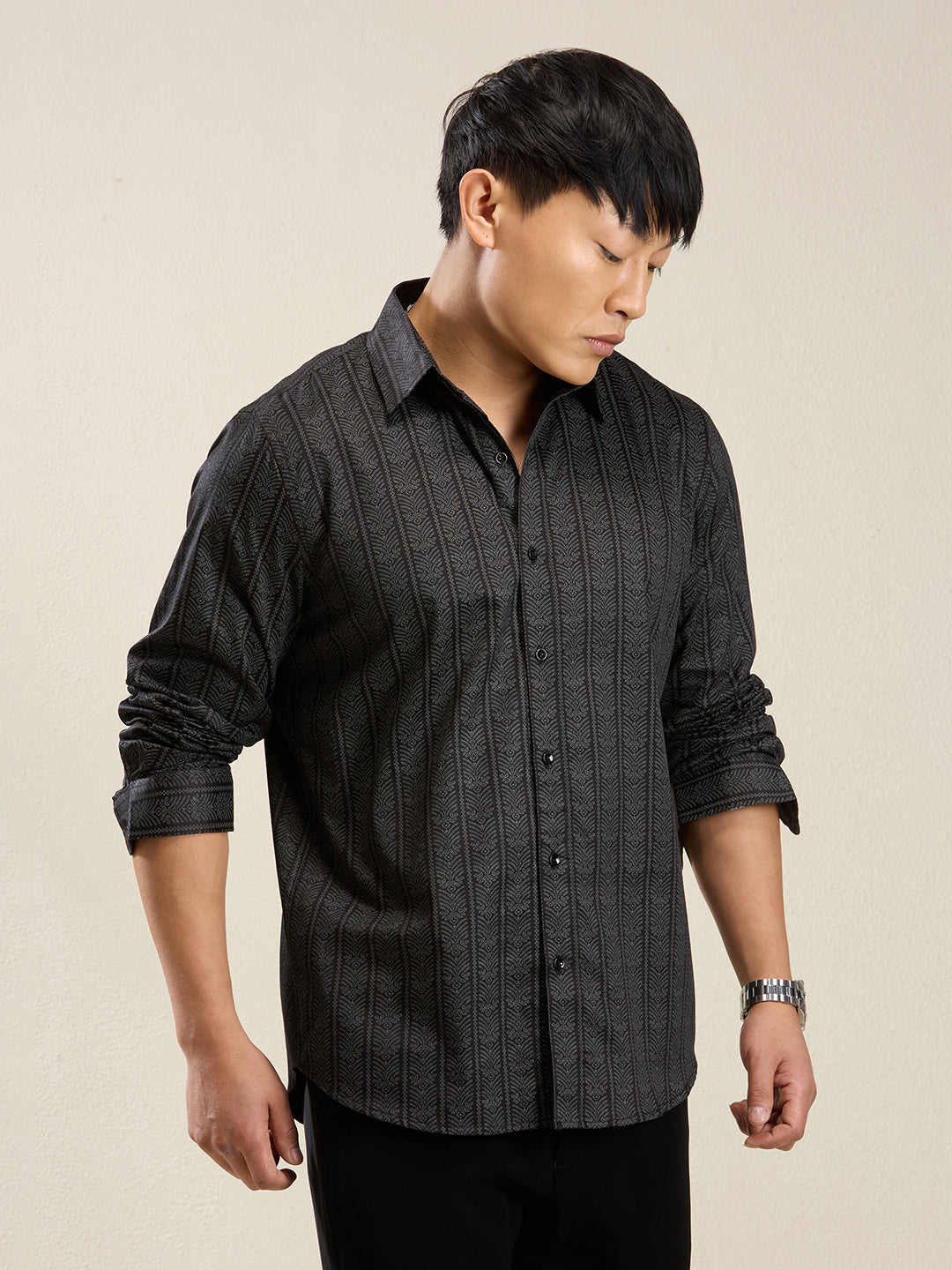 Men's Slim Fit Black Cotton Casual Shirt