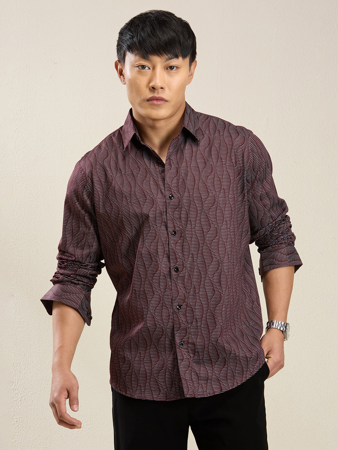 Men's Slim Fit Maroon Wave Print Casual Shirt