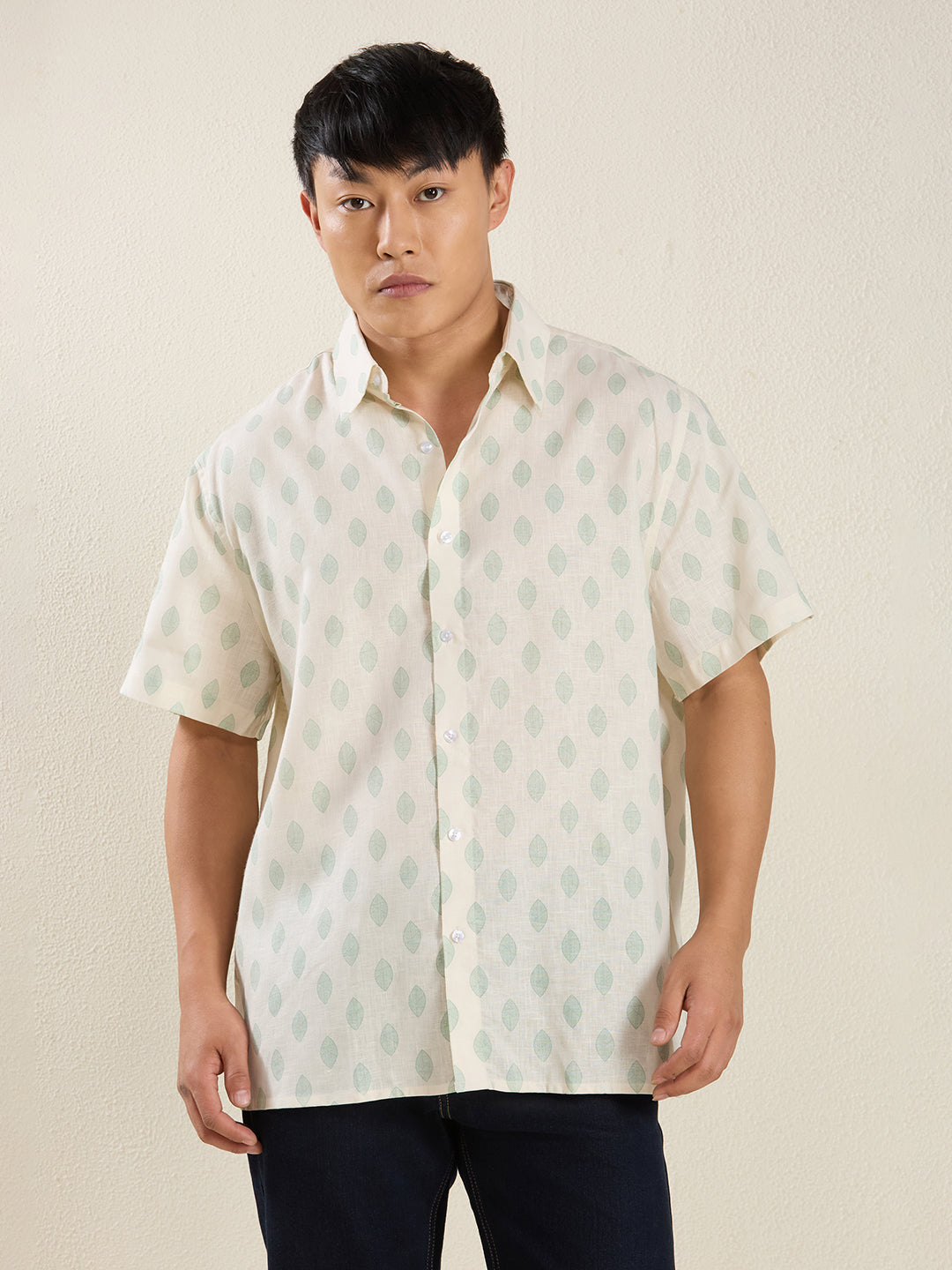 Relaxed Fit Linen Shirt in Cream & Green Leaf Print