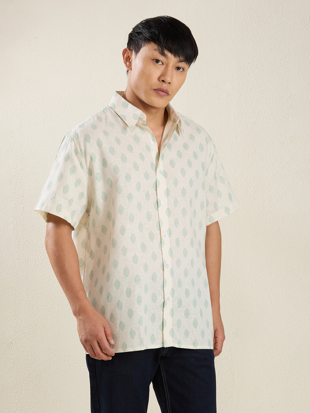 Relaxed Fit Linen Shirt in Cream & Green Leaf Print