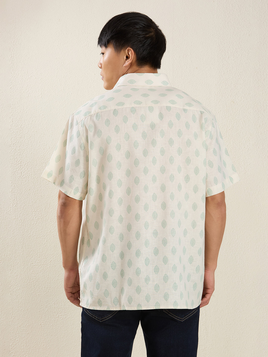 Relaxed Fit Linen Shirt in Cream & Green Leaf Print