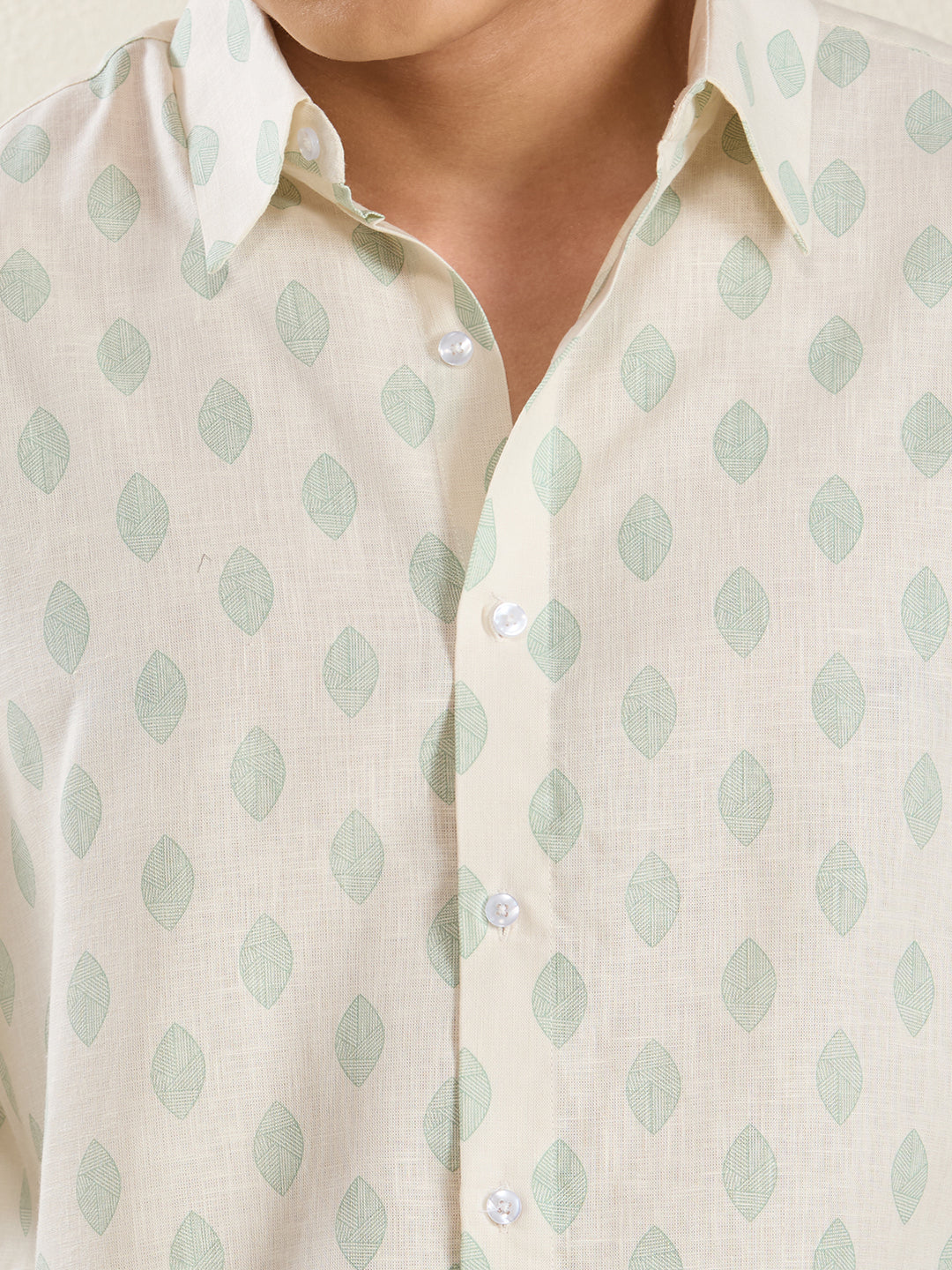 Relaxed Fit Linen Shirt in Cream & Green Leaf Print