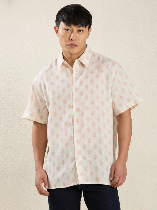 Relaxed Fit Linen Shirt in Cream & Pink Leaf Print