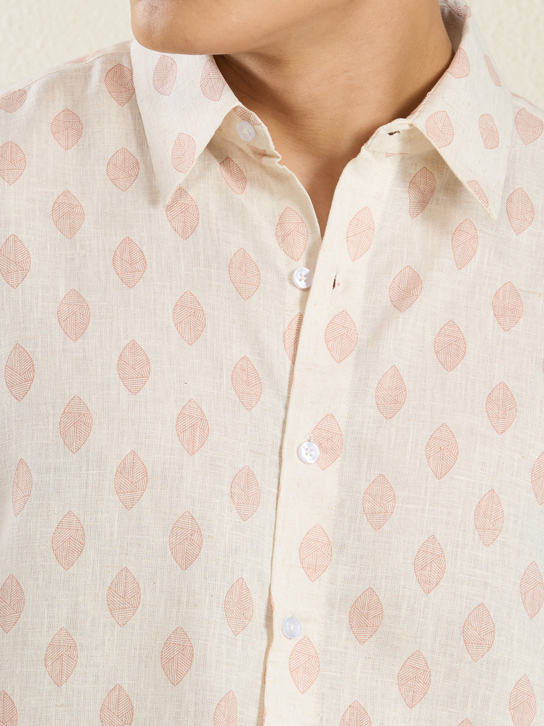 Relaxed Fit Linen Shirt in Cream & Pink Leaf Print