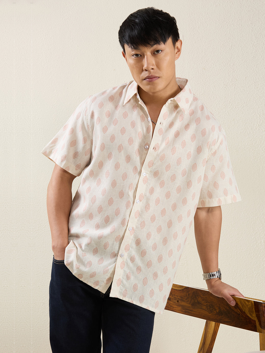 Relaxed Fit Linen Shirt in Cream & Pink Leaf Print