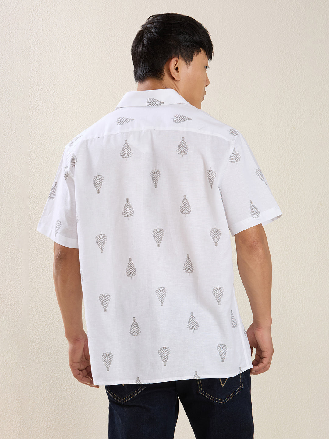 White Grey Leaf Print Pure Linen Half Sleeve Shirt for Men