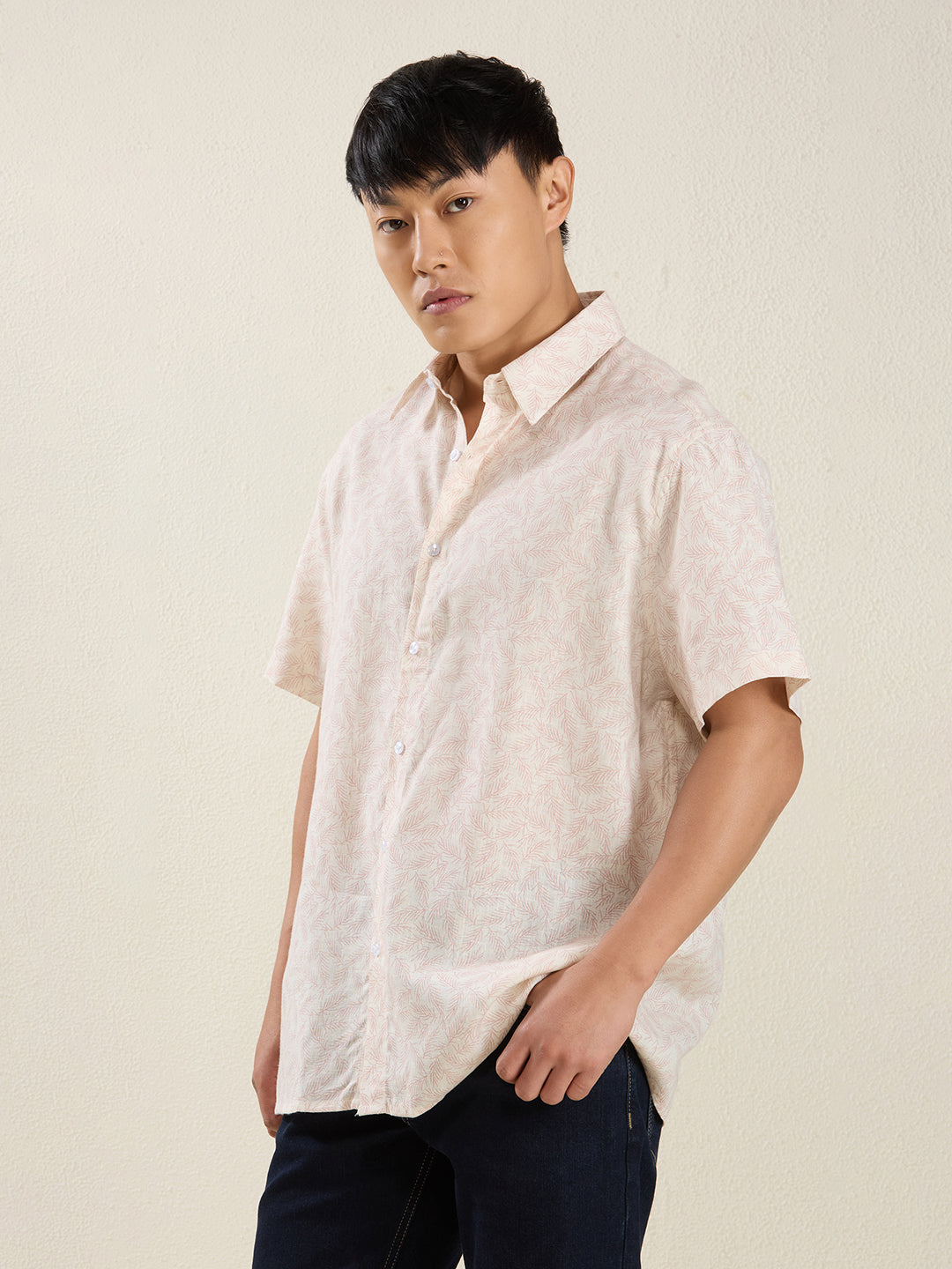 Men's Pure Linen Short Sleeve Peach Leaf Print Shirt