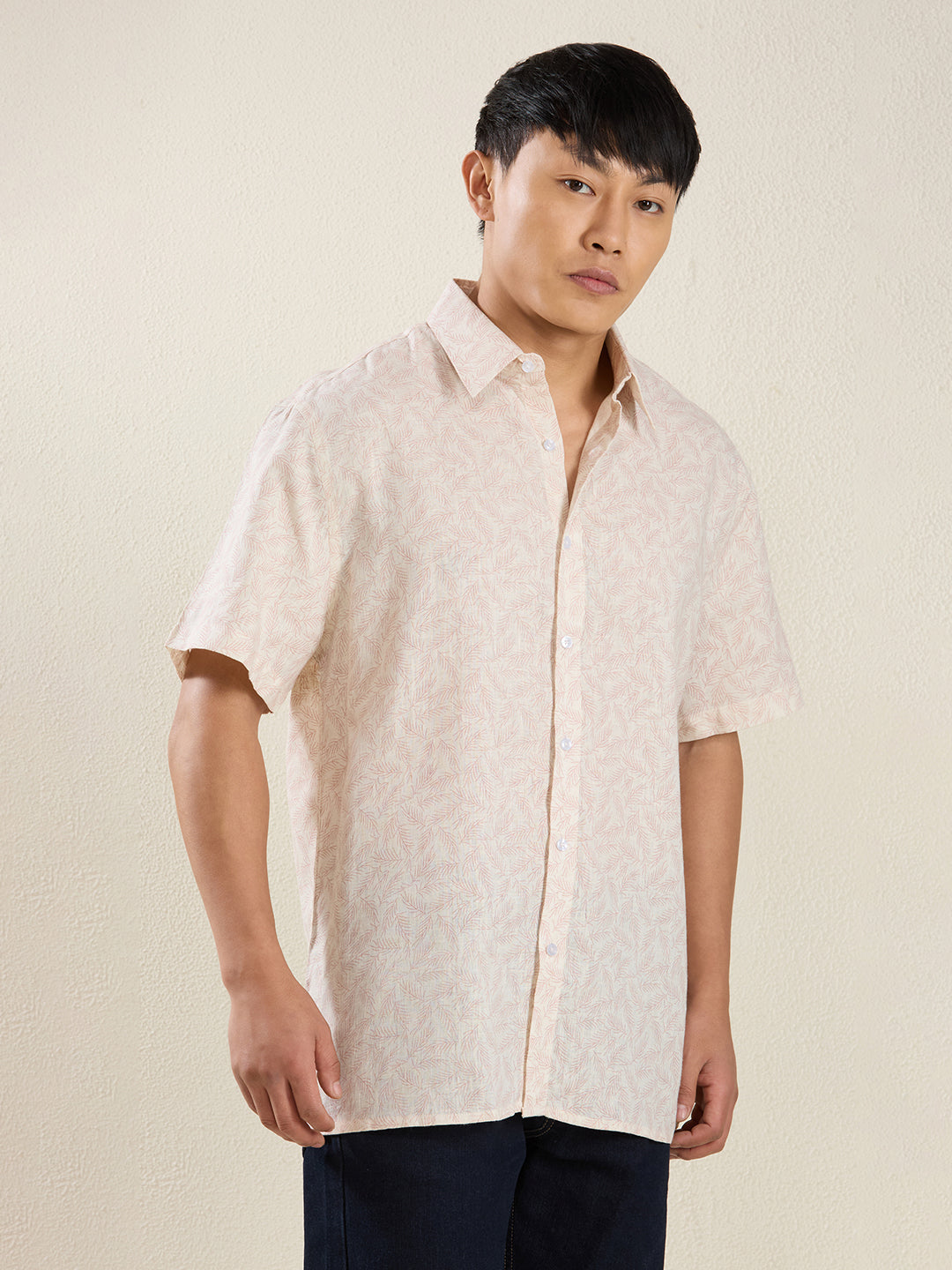 Men's Pure Linen Short Sleeve Peach Leaf Print Shirt