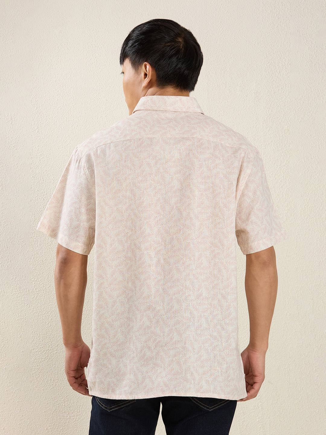 Men's Pure Linen Short Sleeve Peach Leaf Print Shirt