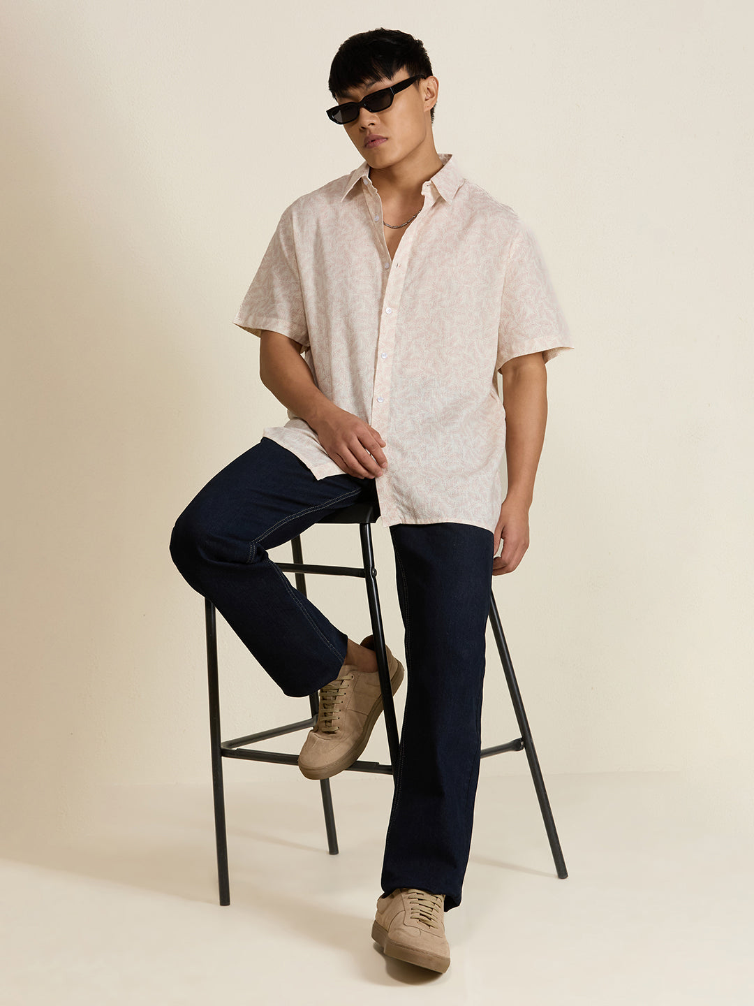 Men's Pure Linen Short Sleeve Peach Leaf Print Shirt