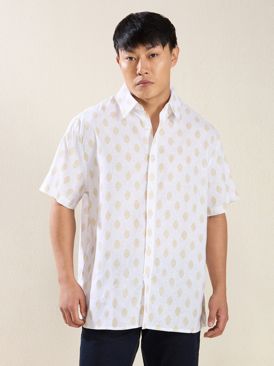Relaxed Fit Linen Shirt in White & Golden Leaf Print