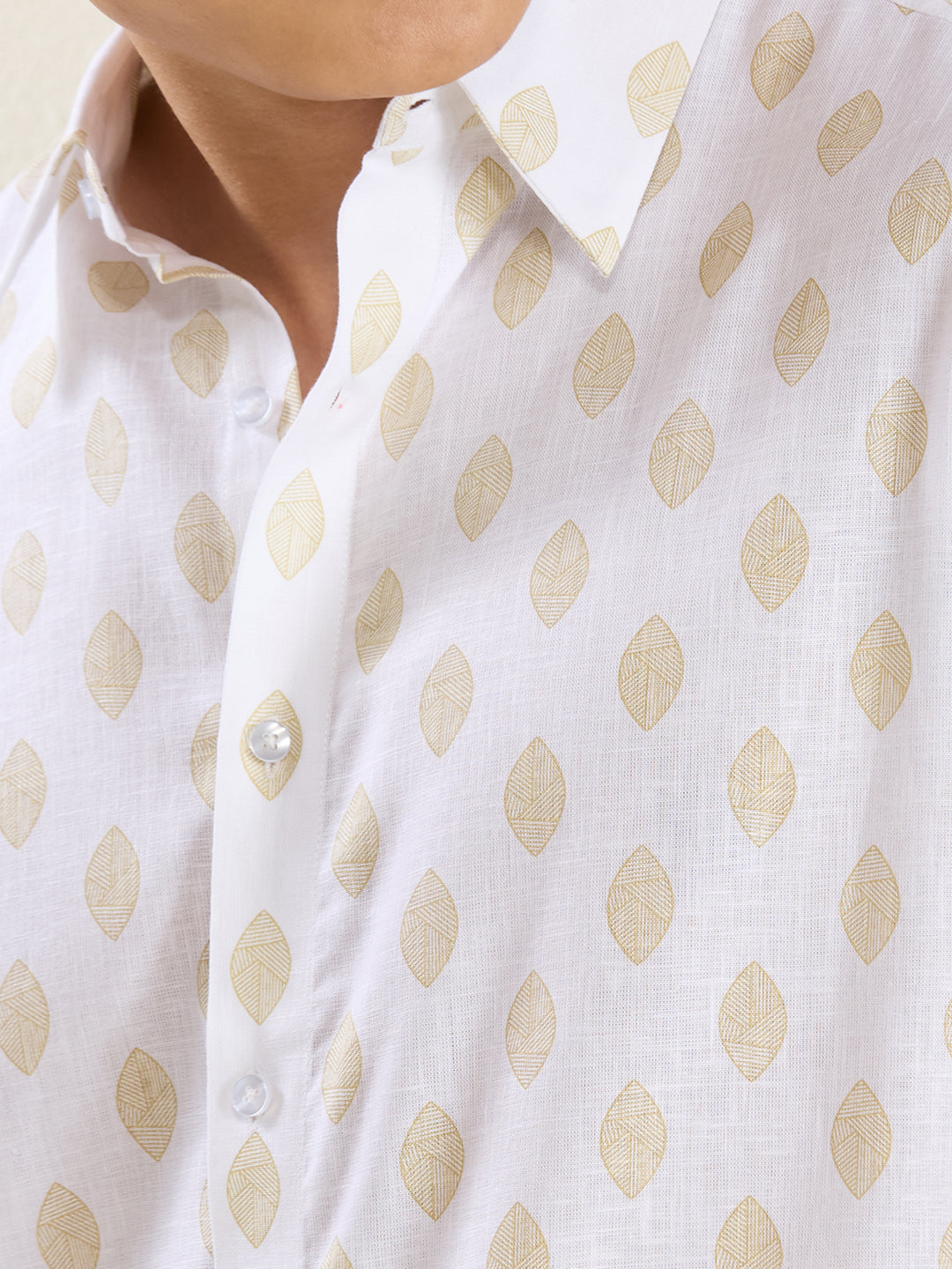 Relaxed Fit Linen Shirt in White & Golden Leaf Print