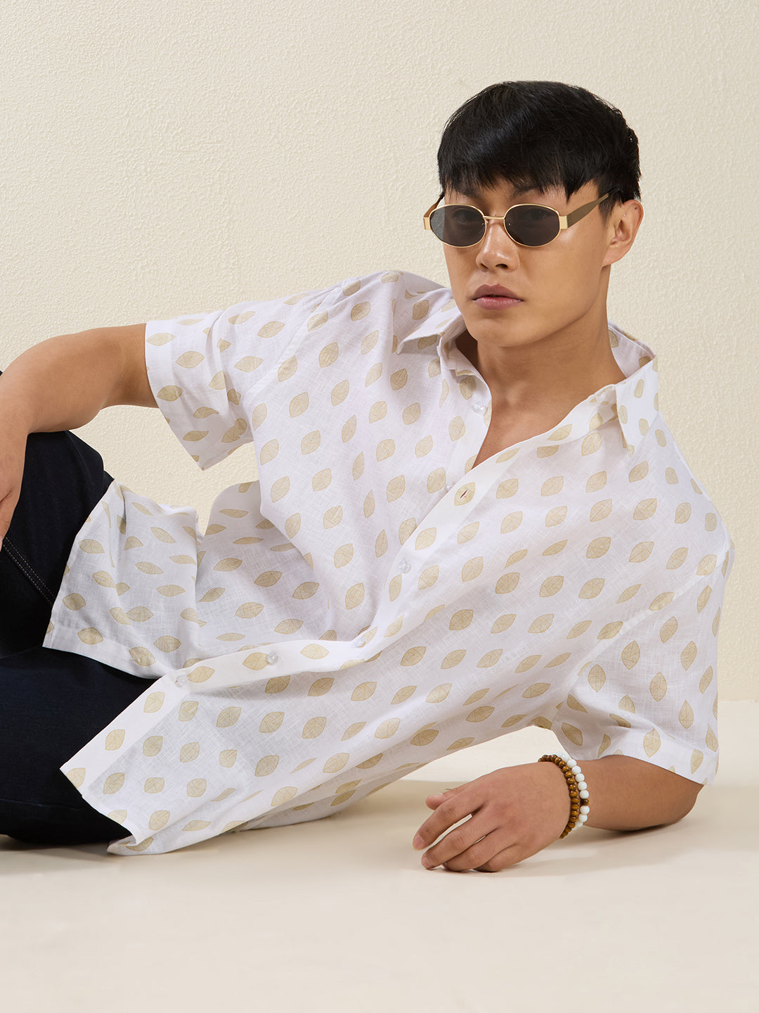 Relaxed Fit Linen Shirt in White & Golden Leaf Print