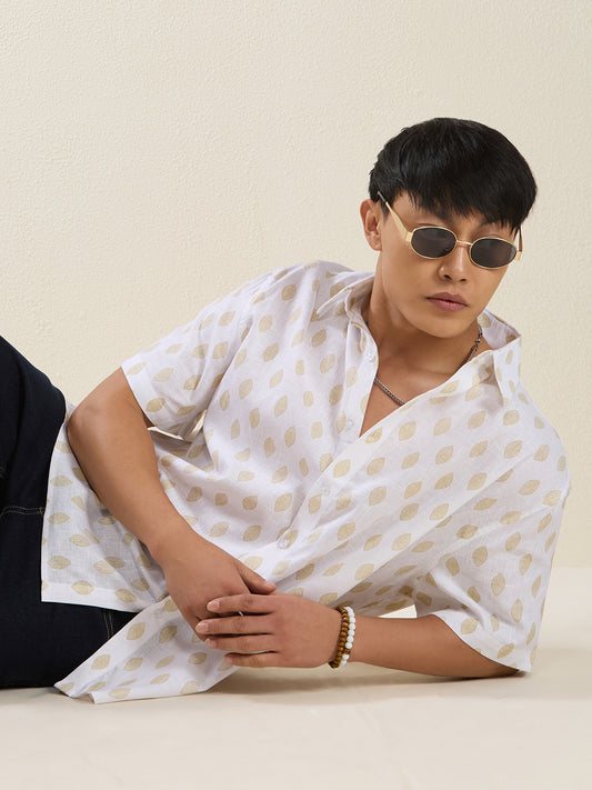 Relaxed Fit Linen Shirt in Cream & Golden Leaf Print
