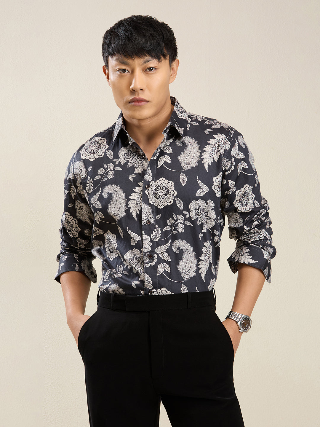 Men's Slim Fit Dark Paisley Cotton Shirt