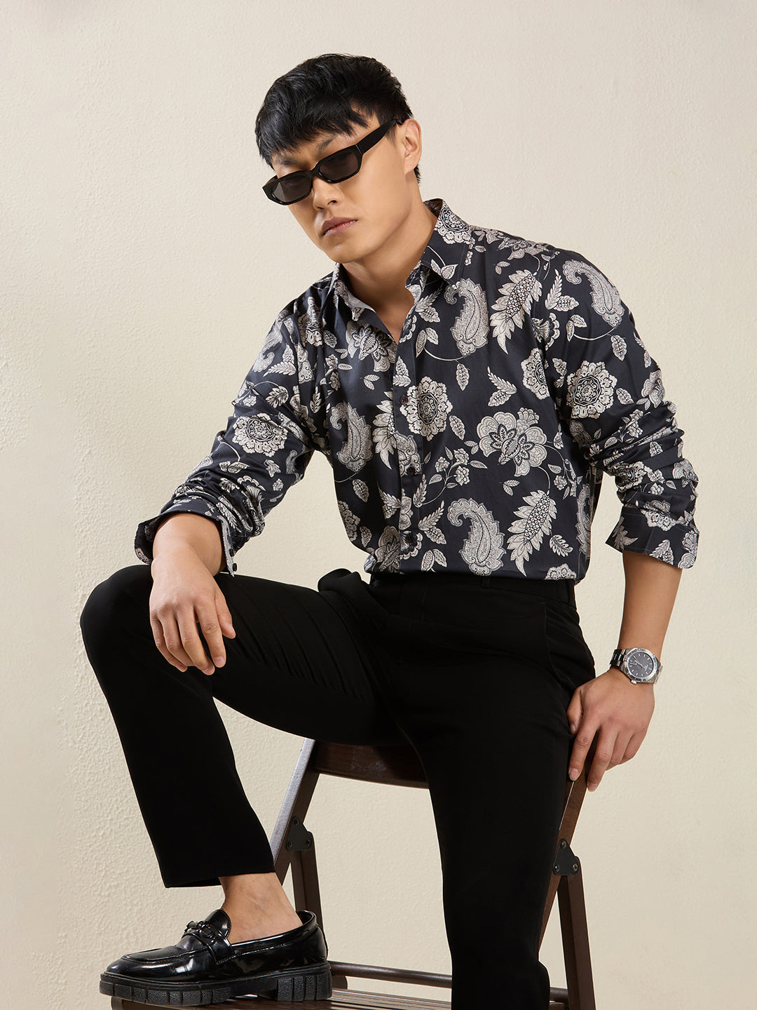Men's Slim Fit Dark Paisley Cotton Shirt