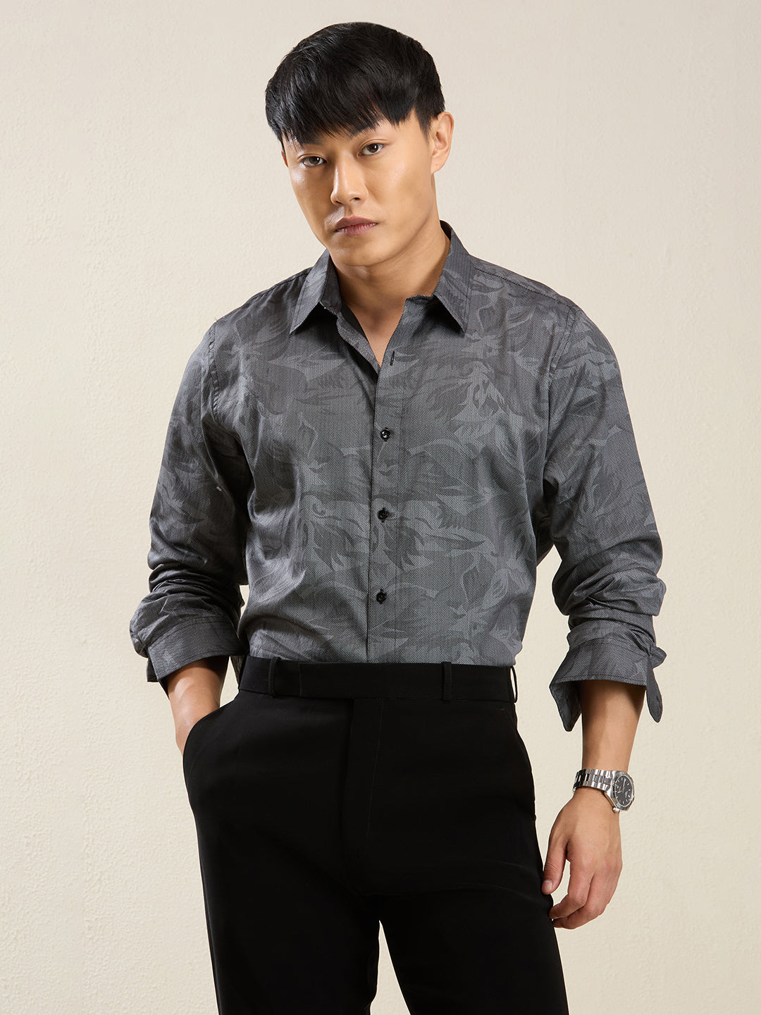 Men's Slim Fit Dark Grey Printed Cotton Casual Shirt