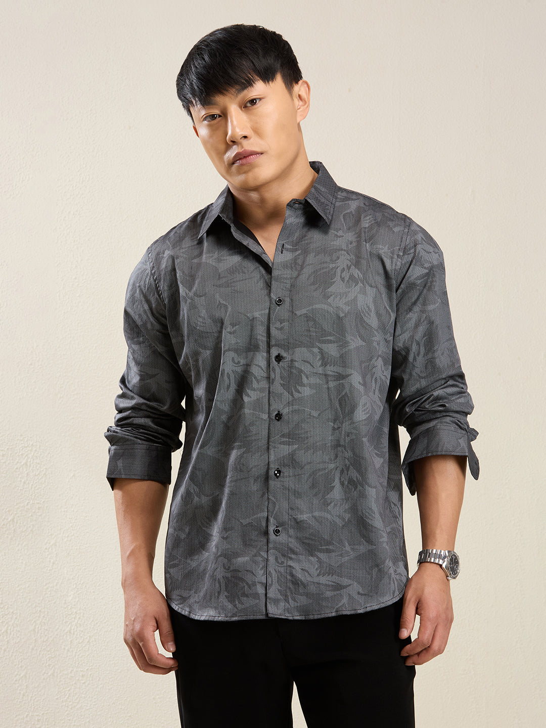 Men's Slim Fit Dark Grey Printed Cotton Casual Shirt