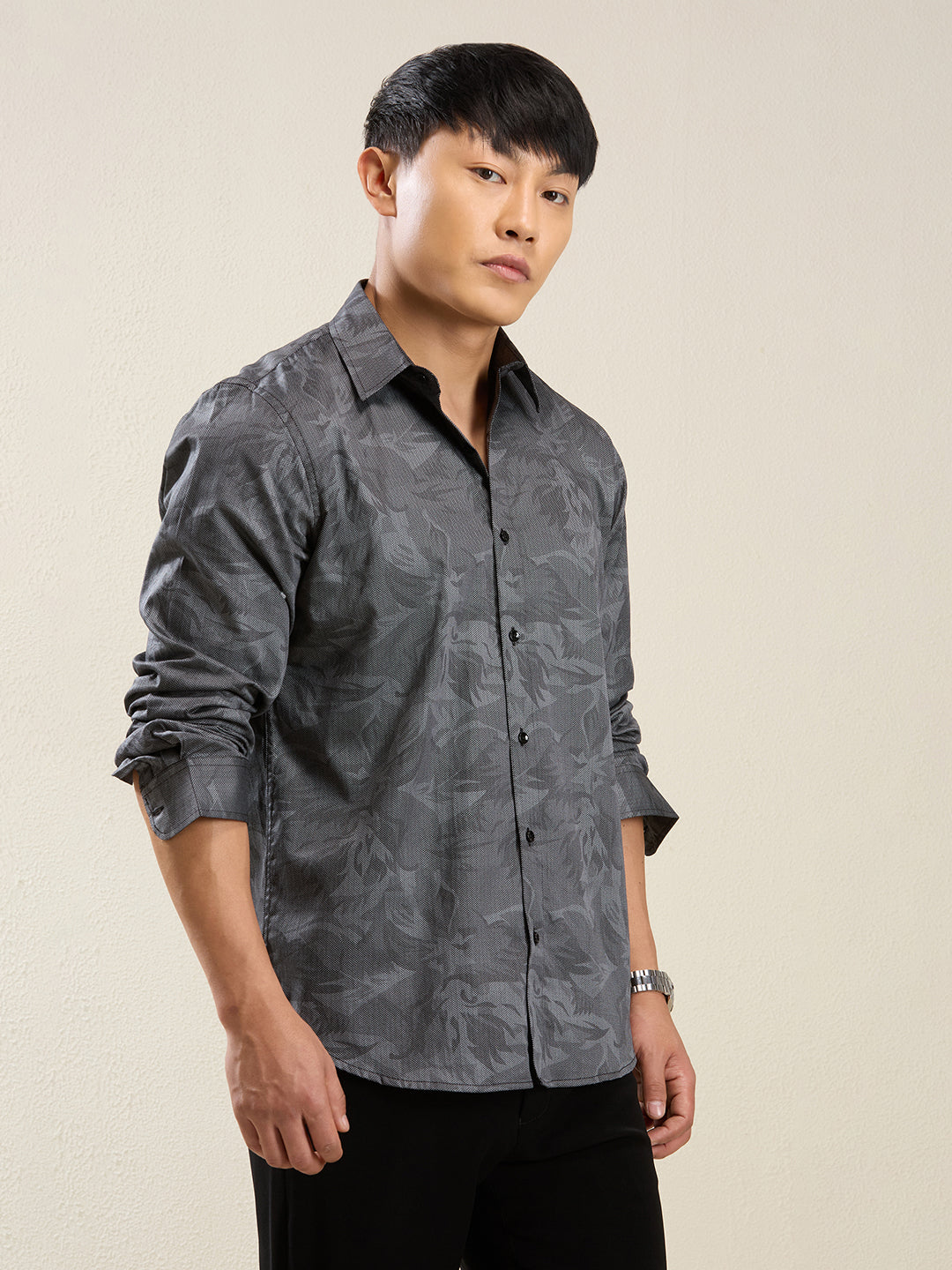 Men's Slim Fit Dark Grey Printed Cotton Casual Shirt