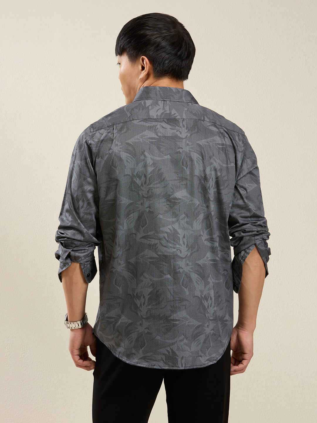 Men's Slim Fit Dark Grey Printed Cotton Casual Shirt
