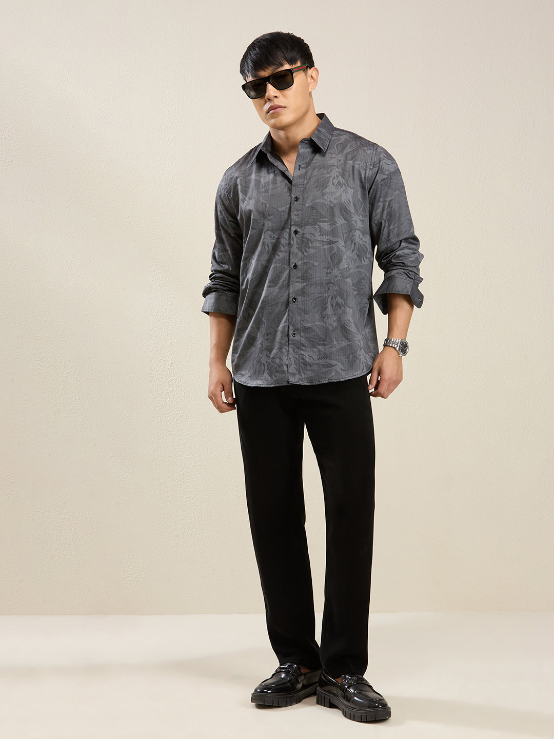 Men's Slim Fit Dark Grey Printed Cotton Casual Shirt