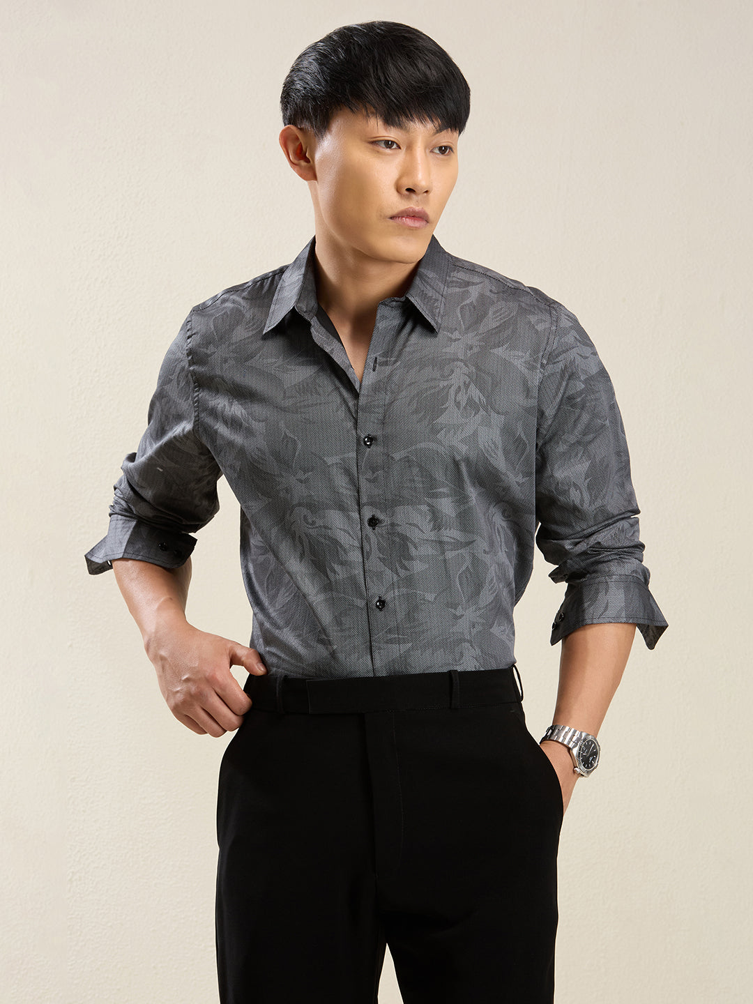 Men's Slim Fit Dark Grey Printed Cotton Casual Shirt